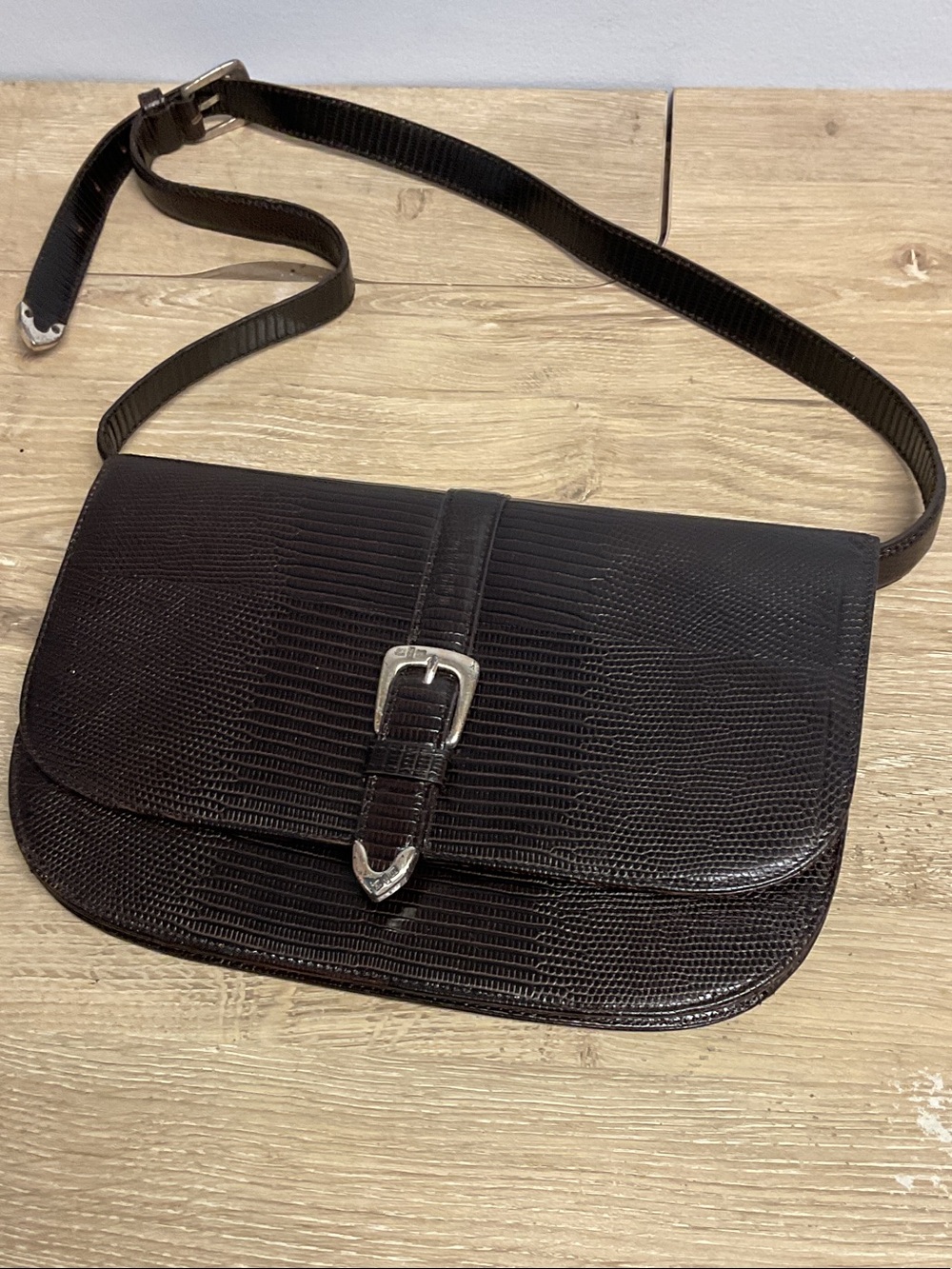 Ralph Lauren Black Lizard-Embossed Leather Shoulder Bag with Silver Buckle